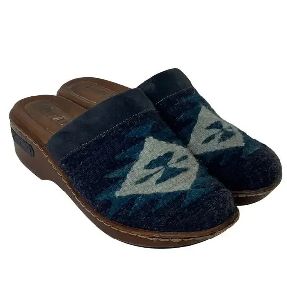 Born Bandy Blanket Aztec Clogs Womens 7 Blue Wool Leather Slip On Comfort - Picture 1 of 12